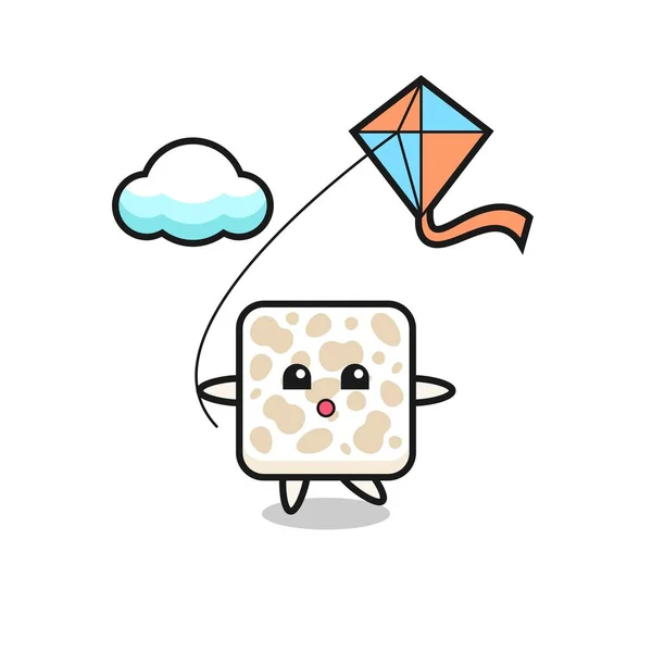 Tempeh Mascot Illustration Playing Kite Cute Design — Stock Vector