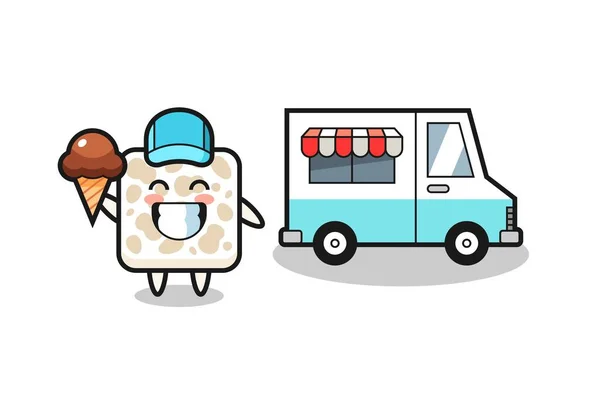 Mascota Dibujos Animados Tempeh Con Camión Helados Lindo Diseño — Vector de stock