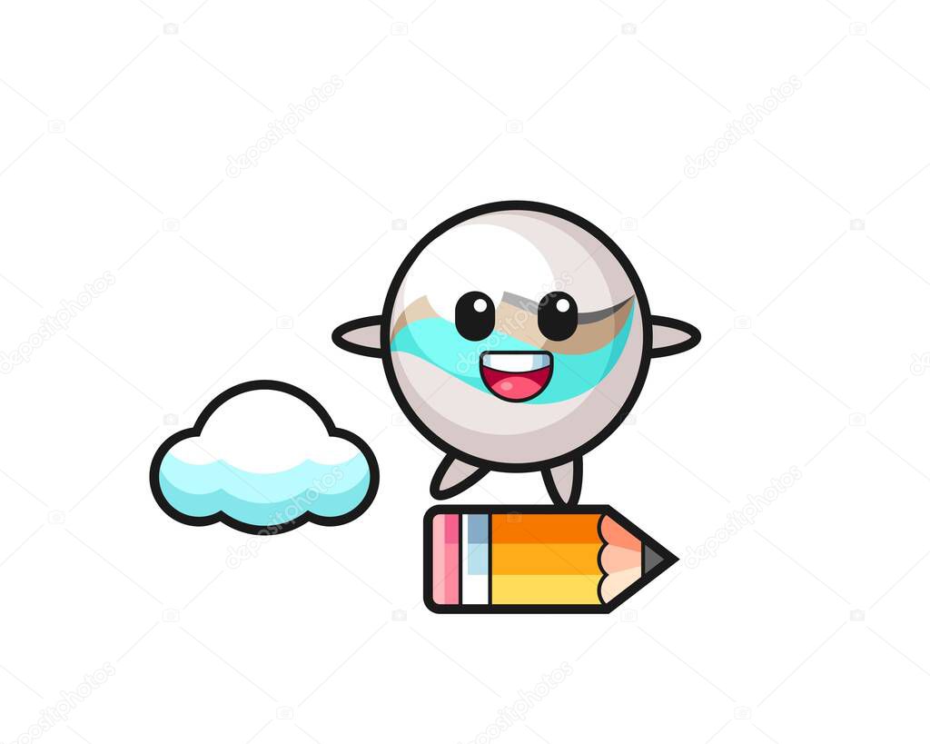 marble toy mascot illustration riding on a giant pencil , cute design