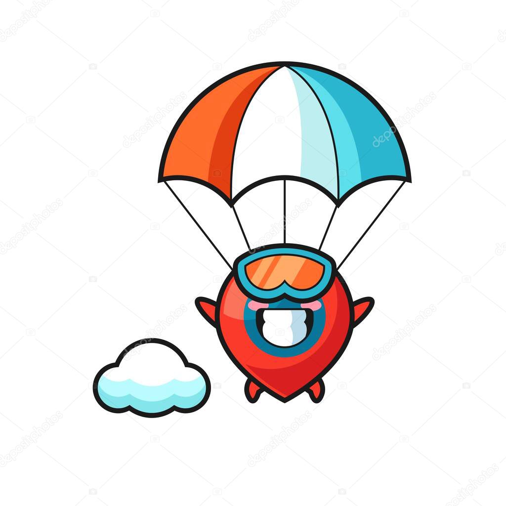 location symbol mascot cartoon is skydiving with happy gesture , cute design