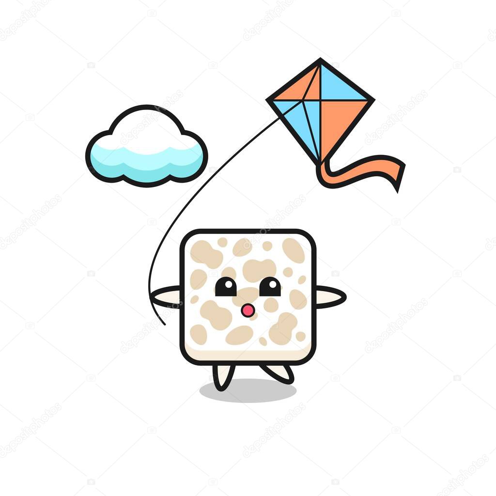 tempeh mascot illustration is playing kite , cute design