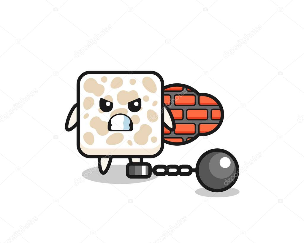 Character mascot of tempeh as a prisoner , cute design