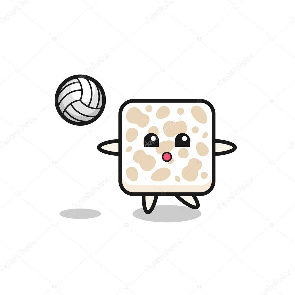 Character cartoon of tempeh is playing volleyball , cute design