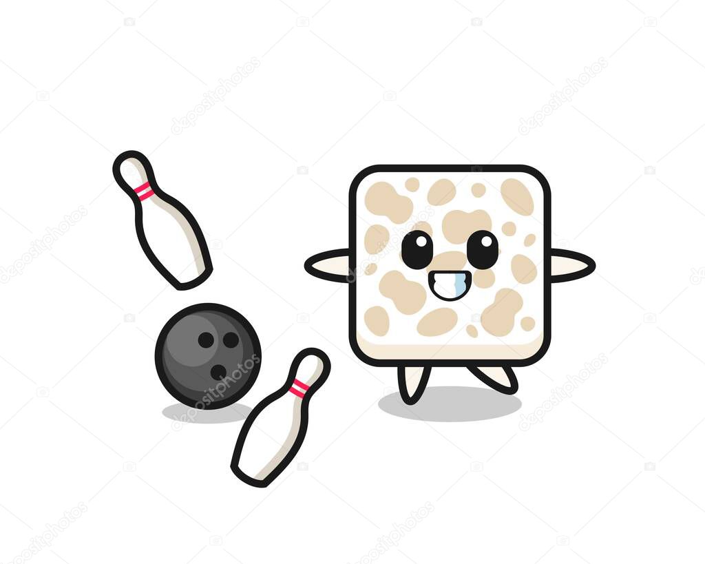 Character cartoon of tempeh is playing bowling , cute design