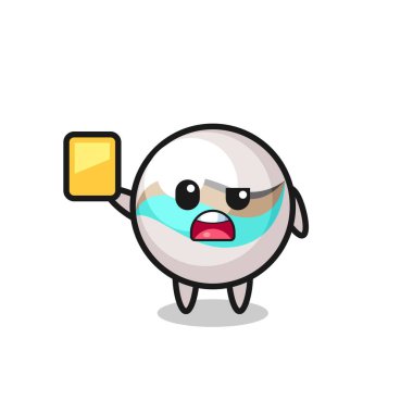 Futbol hakemi rolündeki çizgi film mermer karakteri sarı kart veriyor, şirin bir tasarım.