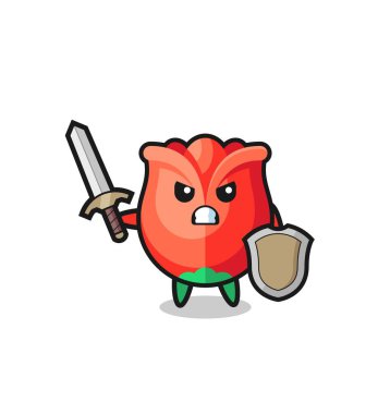 Şirin bir gül askeri kılıç ve kalkanla savaşıyor, şirin bir tasarım.