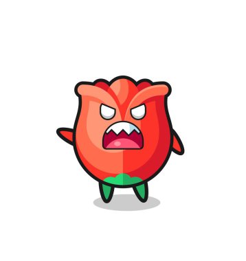 Güzel bir gül karikatürü, çok kızgın bir poz, şirin bir tasarım.