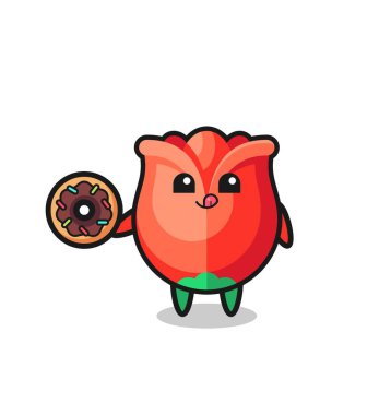 Tatlı bir dizayn olan donut yiyen bir gül karakterinin çizimi
