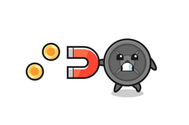 Halter plaka karakteri altın sikkeleri yakalamak için bir mıknatıs tutar, şirin tasarım.