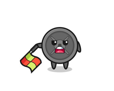 Halter plakalı karakter çizgi hakemi olarak bayrağı 45 derecelik açıyla tutun, şirin tasarım.