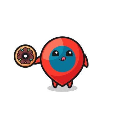 Bir konum sembolü karakteri, tatlı bir donut yiyor, şirin bir tasarım.