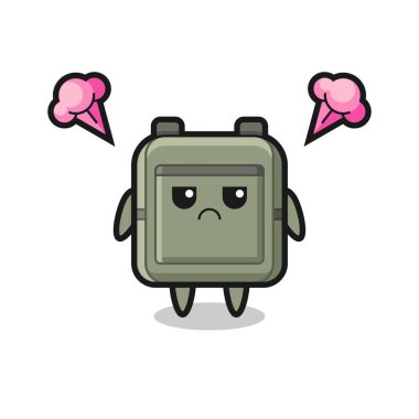 Sevimli okul çantalı çizgi film karakterinin sinirli ifadesi, şirin tasarım