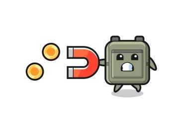 Okul çantasının karakteri altın sikkeleri yakalamak için bir mıknatıs tutuyor, şirin tasarım.