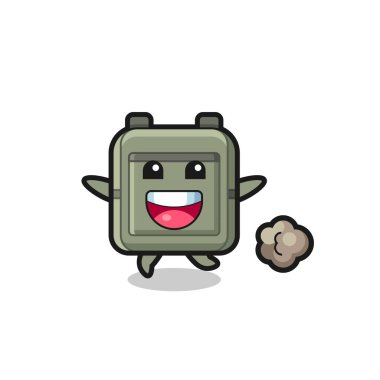 Okul çantasının mutlu çizgi filmi. Koşu pozu, şirin tasarım.