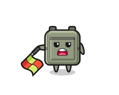 Okul çantası karakteri çizgi hakemi olarak bayrağı 45 derecelik açıyla tutun, şirin tasarım.