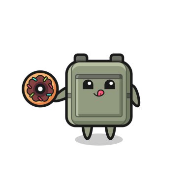 Tatlı bir tasarım olan çöreği yiyen okul çantalı bir karakterin resmi.