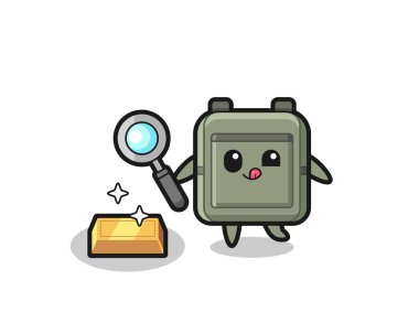 Okul çantası karakteri altın külçesinin gerçekliğini kontrol ediyor, şirin tasarım.