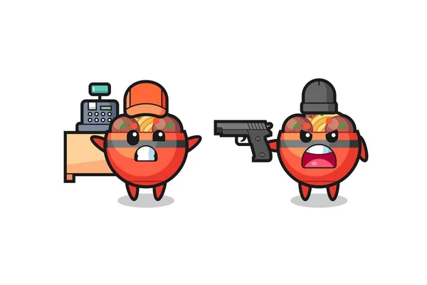 Illustration Cute Meatball Bowl Cashier Pointed Gun Robbe — Stock Vector