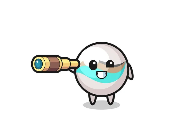 Lindo Personaje Juguete Mármol Está Sosteniendo Viejo Telescopio Lindo Diseño — Vector de stock