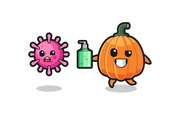 Illustration Pumpkin Character Chasing Evil Virus Hand Sanitizer Cute Design — Stock Vector