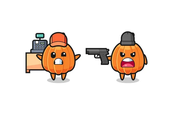 Illustration Cute Pumpkin Cashier Pointed Gun Robber Cute Design — Stock Vector