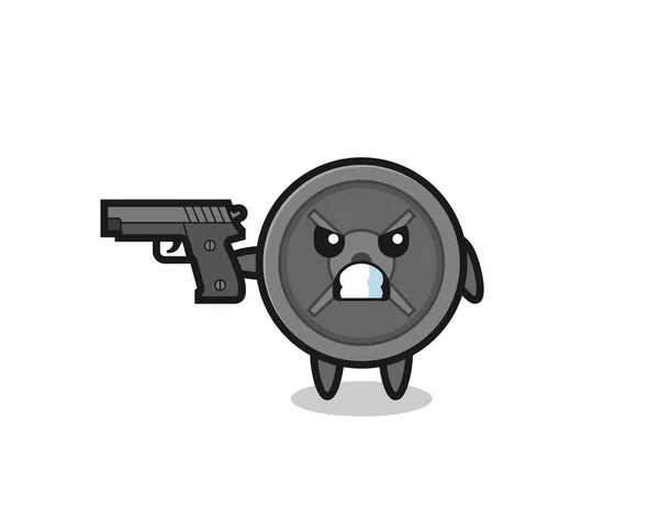 Cute Barbell Plate Character Shoot Gun Cute Design — Stock Vector