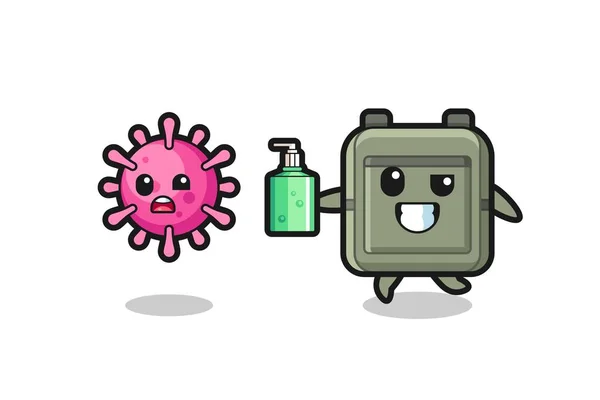 Illustration School Bag Character Chasing Evil Virus Hand Sanitizer Cute — Stock Vector