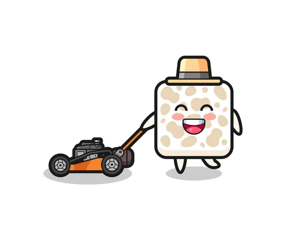 Illustration Tempeh Character Using Lawn Mower Cute Design — Stock Vector