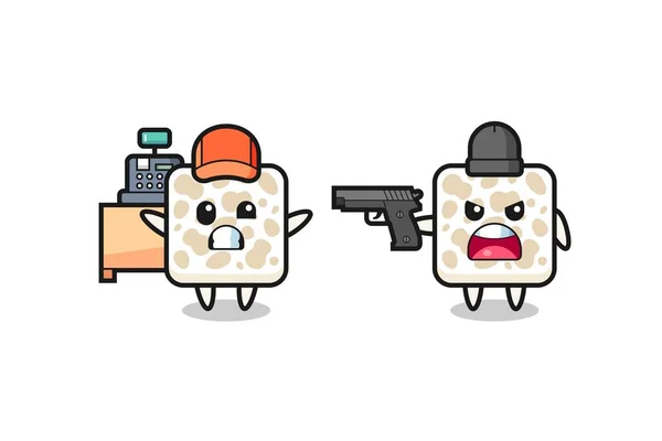 銀行員としてのかわいいテンペのイラストは強盗に銃を向けられたかわいいデザイン — ストックベクタ