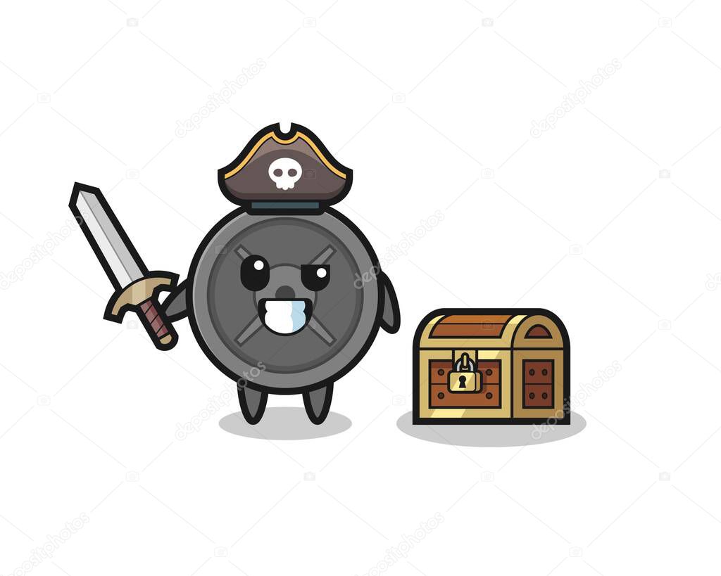the barbell plate pirate character holding sword beside a treasure box , cute design