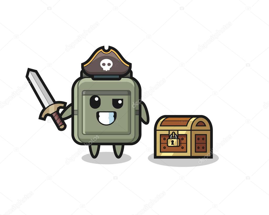 the school bag pirate character holding sword beside a treasure box , cute design