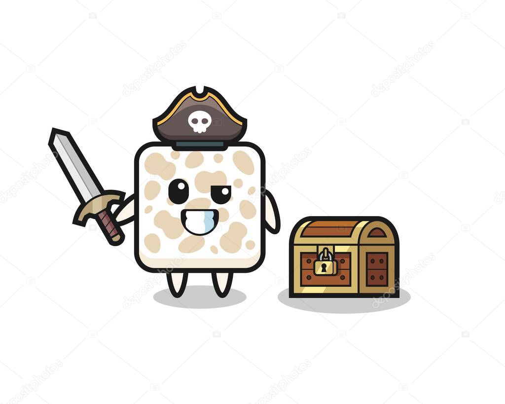 the tempeh pirate character holding sword beside a treasure box , cute design