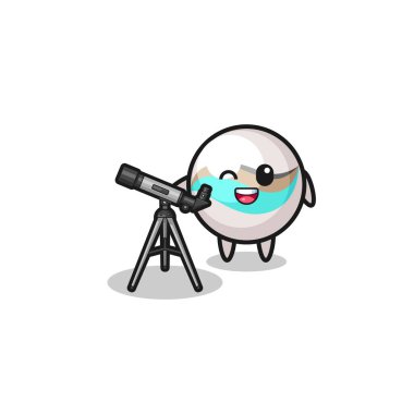 Modern teleskobu olan mermer oyuncak astronom maskotu, şirin bir tasarım.