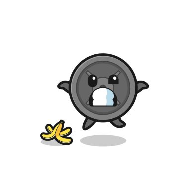 Halter plakalı çizgi film muz kabuğuna basıyor, şirin bir tasarım.