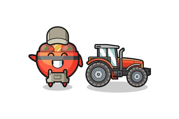 Mascota Granjero Albóndiga Pie Junto Tractor Lindo Diseño — Vector de stock