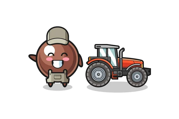 Mascota Agricultor Tapioca Perla Pie Junto Tractor Lindo Diseño — Archivo Imágenes Vectoriales