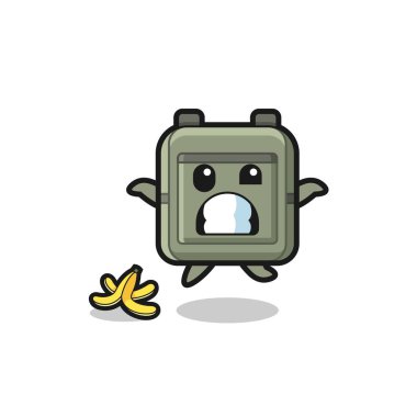 Okul çantası karikatürü muz kabuğuna basılmış, şirin bir tasarım.