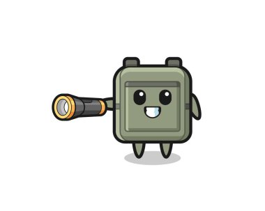 Okul çantası maskotu elinde el feneri, şirin tasarım.