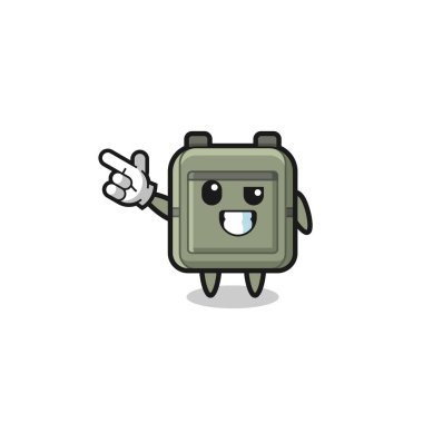 Okul çantası maskotu sol üst tarafı işaret ediyor, şirin tasarım.