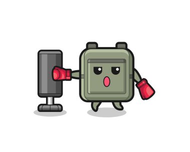 Okul çantalı boksör çizgi filmi kum torbasıyla antrenman yapıyor, şirin bir tasarım.