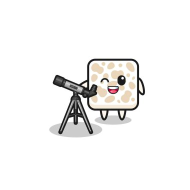 Tempeh astronom maskotu, modern bir teleskop, şirin bir tasarım.