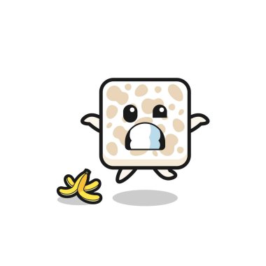 Tempeh çizgi filmi muz kabuğunda kayar, şirin bir tasarım.