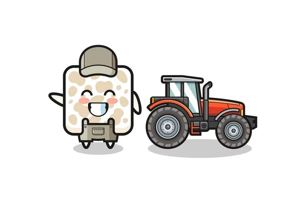 Tempeh Farmer Mascot Standing Tractor Cute Design — Stock Vector