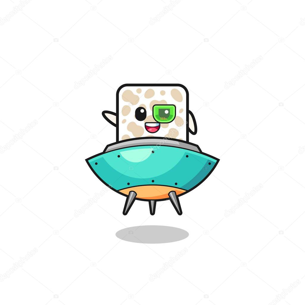 tempeh cartoon riding a future spaceship , cute design