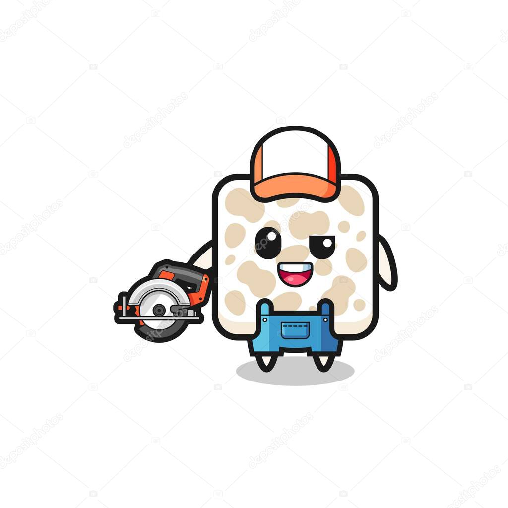 the woodworker tempeh mascot holding a circular saw , cute design