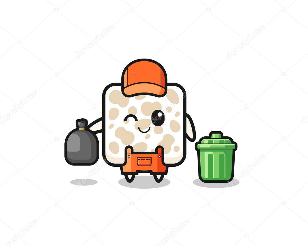 the mascot of cute tempeh as garbage collector , cute design