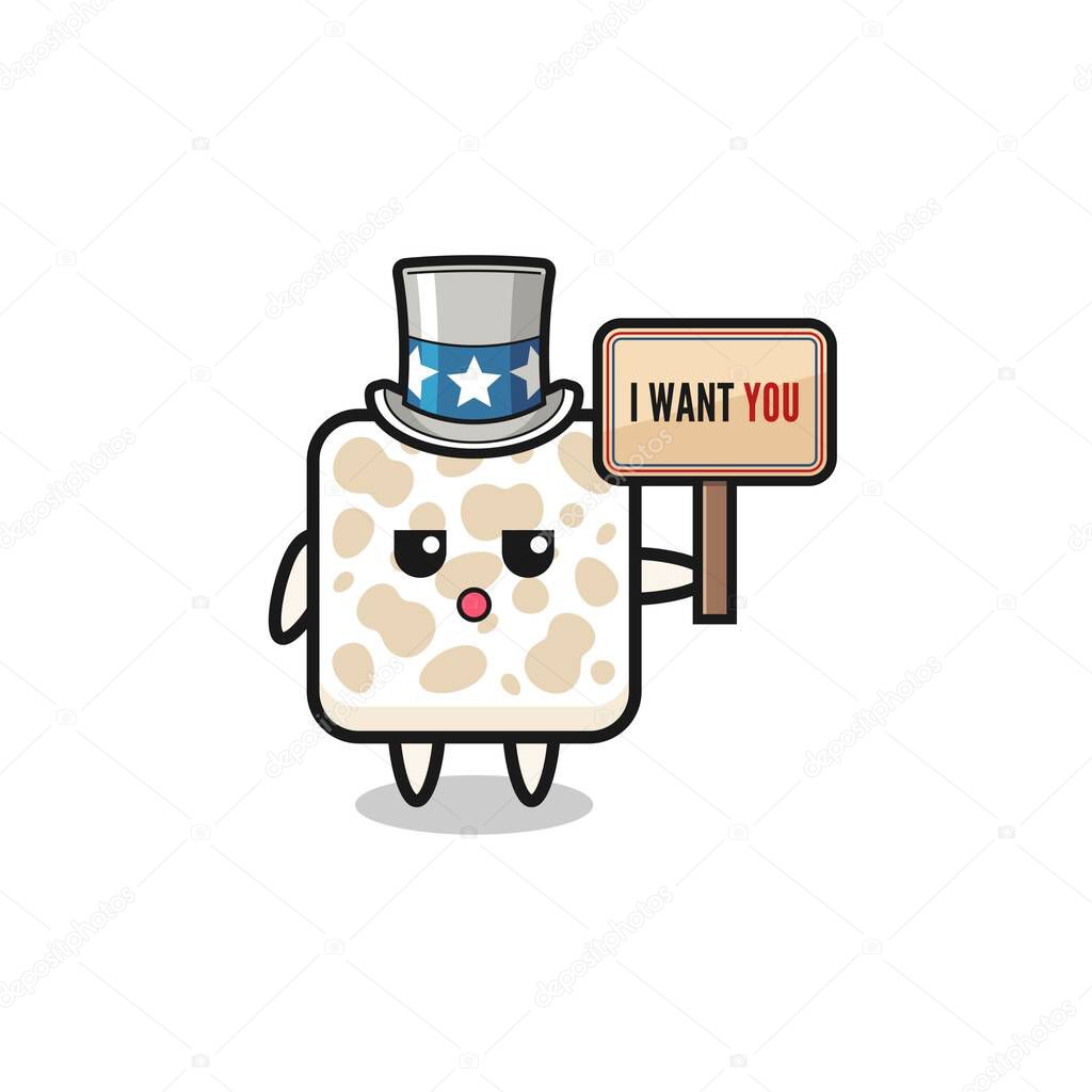 tempeh cartoon as uncle Sam holding the banner I want you , cute design