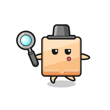 Pizza kutusu çizgi film karakteri büyüteçle arıyor, şirin bir tasarım.