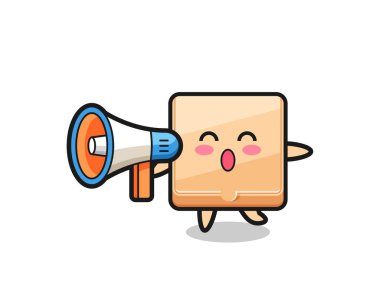 Pizza kutusu karakteri çizimi elinde megafon, şirin bir tasarım.