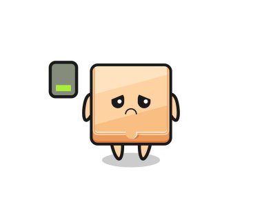 Pizza kutusu maskotu karakteri yorgun bir jest yapıyor, şirin bir tasarım.